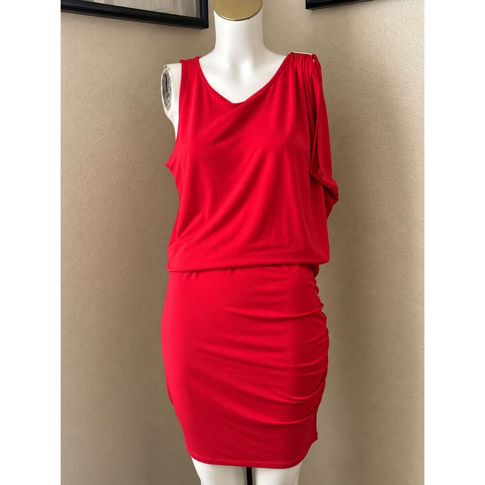 Michael Kors Red One Shoulder Ruched Draped Dress Size S
